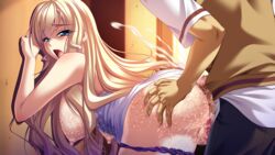 16:9 ass bishop blonde_hair breasts buttjob censored clothed_sex clothing cum ejaculation large_breasts mesu_kyoushi_3 mizushima_oonari nipples panties penis saeki_riana wet