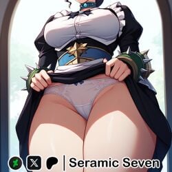 1girls 2d ai_generated big_breasts dullahan female female_focus female_only large_breasts lifting_skirt maid maid_outfit maid_uniform overlord_(maruyama) seramic_seven solo solo_female solo_focus thick thick_thighs white_panties yuri_alpha