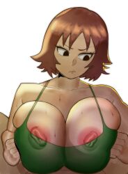 1boy 1girls absurd_res apron ass bell_haircut black_eyes breasts brown_hair doublehero female female_focus hi_res huge_tits kim_pine large_ass large_breasts nude nude_female paizuri partial_male scott_pilgrim uncomfortable white_background