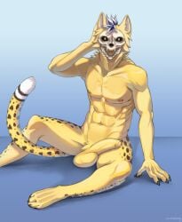 anthro bone cocoinepony foreskin genitals hi_res humanoid humanoid_genitalia humanoid_penis leopard_spots male muscular muscular_male nipples nude nude_male penis simple_background skull skull_head solo spots yellow_body