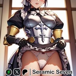 1girls 2d ai_generated armor armored_female big_breasts dark_hair eye_contact female female_focus female_only large_breasts lifting_skirt light-skinned_female looking_at_viewer maid maid_apron maid_headdress maid_outfit maid_uniform narberal_gamma overlord_(maruyama) presenting seramic_seven solo solo_female solo_focus thick thick_legs thick_thighs white_panties