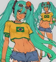 1girls 2d 2d_(artwork) absurd_res ankle_cuffs bikini_strings blue_eyebrows blue_hair brazil brazilian brazilian_female brazilian_miku choker female female_only front_view hatsune_miku hi_res holding_drink holding_object jewelry long_hair shorts small_breasts smirk solo sunglasses tan_body tan_lines tanned thong_straps thong_tanline twitter unbuttoned_pants vocaloid yoracrab