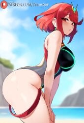 ai_generated beach from_side hands_on_own_knees large_ass large_breasts leaning_forward looking_at_viewer one-piece_swimsuit primosan pyra_(xenoblade) red_eyes red_hair short_hair standing swimsuit xenoblade_(series)