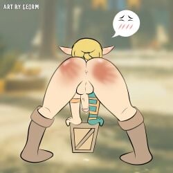 ass balls bent_over boots_only butthole femboy georm hand_mark link link_(tears_of_the_kingdom) penis prosthetic punishment spanking tears_of_the_kingdom the_legend_of_zelda