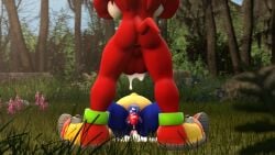 3d 3d_(artwork) after_sex anthro anus ass cum cum_in_ass cum_in_pussy cum_inside echidna flaccid gay hedgehog huge_balls inflation knuckles_the_echidna male neotaurus penis sonic_(series) sonic_the_hedgehog