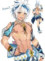 bandana blue_pants genderswap_(ftm) genshin_impact male mualani_(genshin_impact) nipples red_eyes rule_63 solo_male topless topless_male twunk white_hair