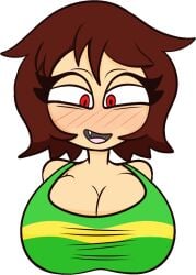 animated big_breasts brown_hair chara cleavage eyebrows_raised pink_cheeks red_eyes seductive_look tagme undertale undertale_(series) vile_eyes