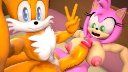 1boy 1boy1girl 1girls 3d 3d_(artwork) amy_rose anthro areola balls big_breasts breasts duo erect_nipples erection female femboy femboy_on_female fox hedgehog imminent_oral imminent_sex male miles_prower mobian_(species) neotaurus nipples nude penis sega sonic_(series) sonic_the_hedgehog_(series) tails tails_the_fox twink v_sign