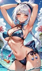 ai_generated armpits beach bikini blush genshin_impact looking_at_viewer mualani_(genshin_impact) navel patreon thewaifuharem