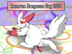 absurd_res animal_genitalia animal_penis anthro anus ass balls claws digital_media_(artwork) erection fur generation_3_pokemon genitals hi_res looking_at_viewer male nintendo nude penis pokemon pokemon_(species) simple_background smile solo tail white_body white_fur winter_sunshine zangoose zangoose_day