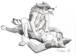 anal anal_sex anthro balls blush bodily_fluids canid canine canis claws cowgirl_position duo erection from_front_position genital_fluids genitals graphite_(artwork) hi_res leg_grab looking_pleasured lying male male/male male_on_top male_penetrated male_penetrating male_penetrating_male mammal nude on_back on_bottom on_top open_mouth pencil_(artwork) penetration penis precum sex simple_background some_(someone) tail tongue tongue_out traditional_media_(artwork) white_background wolf