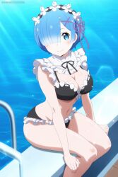 1female 1girls ai_assisted ai_generated commentary_request english_commentary female female_only hi_res highres light-skinned_female light_skin mixed-language_commentary pool re:zero_kara_hajimeru_isekai_seikatsu rem_(re:zero) solo solo_female swimming_pool very_high_resolution