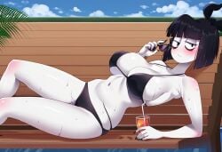 1girls adult_swim ai_generated beach bench big_breasts bikini blush creepy_susie drink laying_down looking_at_viewer the_oblongs