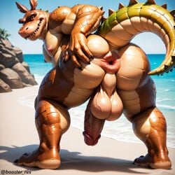 activision ai_generated anthro anus ass_focus back balls beach big_ass big_balls booster_rex brown_body crash_(series) crocodile dingodile gay huge_ass huge_balls male male_only penis reptile