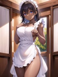 1girls ai_generated apron blue_eyes breasts brown_hair hand_on_chest large_breasts long_hair looking_at_viewer maid maid_headdress maid_uniform naked_apron original standing tree window zakuro3d