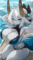 1girls adjusting_hair anthro beach big_breasts blue_eyes breasts dragon dragon_girl female female_only hi_res hips horns huge_breasts long_hair looking_at_viewer naughty_face original original_character pointy_ears seaside solo swimwear tail thick_thighs thighs tied_hair white_body white_hair wide_hips zanamaoria