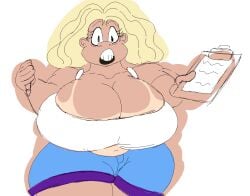 1girls 2024 bargsilona bbw belly_button blonde_hair buckteeth clipboard colored darla_doofrain_(bargsilona) huge_breasts looking_at_viewer ms_paint pen pencil_(artwork) puffy_hair shorts skimpy slightly_chubby_female tanned_female tight_shirt white_background