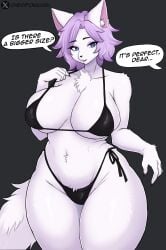 1girls 2024 absurd_res anthro arkadia_villanueva big_breasts bikini black_bikini black_clothing black_swimwear blue_eyes breasts canid canine canis cherifokkusu chest_tuft clothed clothing curvy_figure dialogue digital_media_(artwork) english_text female female_anthro female_only fluffy fluffy_tail front_view fur grey_background hair huge_breasts kemono looking_at_viewer mammal open_mouth purple_hair side-tie_bikini side-tie_clothing side-tie_swimwear simple_background smiling smiling_at_viewer solo speech_bubble string_bikini swimwear tail talking_to_viewer thick_thighs three-quarter_portrait triangle_bikini tuft two-piece_swimsuit under_boob white_body white_ears white_face white_fur white_tail wide_hipped_anthro wide_hipped_female wide_hips wolf