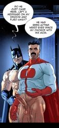 abs balls bara batman batman_(bruce_wayne) batman_(series) biceps big_balls big_penis bruce_wayne clothing daddy dc dc_comics dilf english_text erection facial_hair gay inkolloart invincible invincible_(comics) invincible_(tv_series) male male/male male_nipples male_only manly masked mature_male moustache muscular_male nipples nolan_grayson nude omni-man pecs penis text tight_clothing