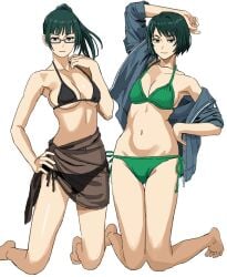 2girls armpit big_breasts bikini breasts female female_focus female_only glasses green_hair jacket jujutsu_kaisen light-skinned_female light_skin long_hair looking_at_viewer pose posing shiren short_hair smile smiling smiling_at_viewer swimsuit white_background zenin_mai zenin_maki