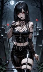 ai_generated black_hair black_legwear black_lipstick cemetery cleavage fishnets goth goth_girl graveyard heart heart_symbol leather leather_clothing lipstick makeup original_character painted_nails pale_skin red_eyes straps tattoo