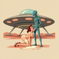 1950s ai_generated alien alien_genitalia blowjob bukkake interspecies logo pinup_girl ufo