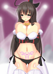 ass big_ass black_eyes black_panties blush breasts brown_hair collar fantasy_earth_zero female hair hair_ribbon heart huge_ass huge_breasts large_breasts long_hair nan9610 navel panties ribbon solo standing sweat tattoo thick_thighs thighhighs very_long_hair wide_hips