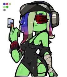 acht_(splatoon) blue_hair breasts dedf1sh green_skin hips octoling omoitukan2 sanitized_(splatoon) sanitized_octoling splatoon splatoon_3 splatoon_3:_side_order sunglasses thick_thighs tinted_eyewear