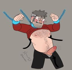 bill_cipher blush chained_collar chained_up chained_wrists chest_hair drooling embarrassed floating_hands four_fingers glasses gravity_falls gray_hair happy_trail male_only precum pulling_down_pants shirt_lift six_fingers solo_male stanford_pines touching_chest