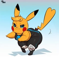 ai_generated anthro anthrofied ass big_butt blue_eyes bottomwear cleft_tail clothed clothing cosplay_pikachu_(character) cosplay_pikachu_(costume) dipstick_ears female generation_1_pokemon hellsonger hi_res huge_butt huge_thighs looking_at_viewer mammal nintendo pikachu pikachu_libre pokemon pokemon_(species) pokemorph short_stack simple_background smile solo thick_thighs tight_clothing wide_hips yellow_body