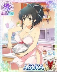 1girls apron asuka_(senran_kagura) black_hair breasts brown_eyes card cookbook fu-reiji hair_ribbon holding_bowl holding_whisk kitchen kitchen_utensils large_breasts microwave mixing_bowl mixing_the_batter naked_apron oven_mitts ponytail senran_kagura spice_rack whisk