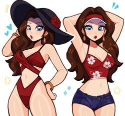 1girls alternate_costume alternate_hairstyle blue_eyes blue_shorts brown_hair female fizzeru hair_over_shoulder hat highres human jewelry long_hair looking_at_viewer mario_(series) multiple_outfits multiple_views navel pauline pauline_(mario) swimsuit