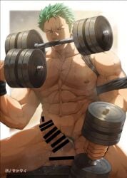 1boy abs armband bara barbell biceps big_areola big_breasts big_penis bodybuilding bottomless censor_bar censored censored_penis censored_testicles clothes_pull cock_ring dark_lighting erection frown genital_fluids green_hair holding_object male male_breasts male_only muscles muscular muscular_arms muscular_legs muscular_male muscular_thighs object_in_mouth one_eye_closed one_piece oppai pecs post-timeskip precum precum_drip pubic_hair roronoa_zoro sansaka_saku scar scar_across_eye scar_on_chest scar_on_face scar_on_stomach short_hair simple_background sitting six_pack small_pupils sparkles spread_legs sweat sweatdrop sweating sweaty thick_arms thick_penis thick_thighs v-shaped_eyebrows vein veiny_arms veiny_belly veiny_muscles very_sweaty weightlifting white_border wristband