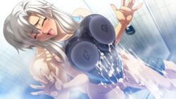 16:9 against_glass bishop blush breasts breasts_on_glass cum cum_in_pussy cum_on_breasts cum_on_clothes from_behind hand_on_glass happy_sex kagami large_breasts mesu_kyoushi_3 mizusawa_chisato one-piece_swimsuit shower swimsuit swimsuit_aside vaginal_penetration