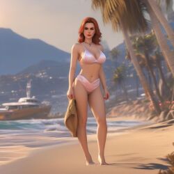 1girls ai_generated amouranth beach brown_eyes girl red_hair standing swimsuit