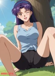 1female 1girls ai_generated bike_shorts breasts commentary_request english_commentary female female_focus female_only hi_res highres light-skinned_female light_skin misato_katsuragi mixed-language_commentary neon_genesis_evangelion outdoors outside solo solo_female solo_focus spats spread_legs tree very_high_resolution