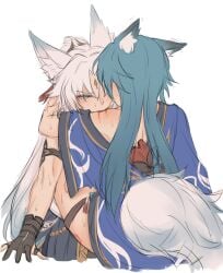 2girls bite bite_marks biting blood blue_eyes blush blush clothed clothing eyeliner feixiao_(honkai:_star_rail) fox_ears fox_tail gloves hand_on_back honkai:_star_rail honkai_(series) hoyoverse shaking sweat teal_hair white_background white_hair yukong_(honkai:_star_rail) yuren yurenn yuri