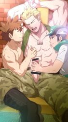 3boys abs bar_censor bara baseball_cap belt black_belt black_hair blonde_hair boots brock_(pokemon) brown_hair camouflage camouflage_pants censored closed_eyes closed_mouth erection green_pants handjob hat highres jewelry large_pectorals looking_at_another looking_at_viewer male male_focus male_only mazjojo multiple_boys muscular muscular_male navel necklace nipple_stimulation nipple_tweak nipples open_mouth paid_reward_available pants pectorals penis pokemon pokemon_hgss pokemon_masters scottie_(pokemon) short_hair spiked_hair surge_(pokemon) tank_top video_games yaoi