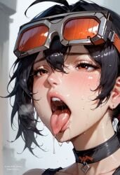 ai_generated aist_ black_hair choker close-up glasses grace_howard nah open_mouth orange_eyes saliva shiny_skin sweat tongue_out wet zenless_zone_zero