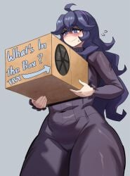 @_@ ahoge blush cardboard_box carrying_box english_text hair_between_eyes hex_maniac hiding_breasts long_dress long_hair messy_hair mystery_box pokemon pokemon_xy purple_eyes purple_hair purple_headband smile suspicious thick_thighs turtleneck turtleneck_dress wavy_mouth ytrall