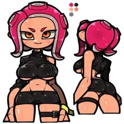 1girls agent_8_(octo_expansion) agent_8_(splatoon) big_ass big_breasts crop_top from_behind fully_clothed looking_at_viewer midriff octoling octoling_girl omoitukan2 pencil_skirt short_skirt splatoon thick_thighs thigh_strap wide_hips