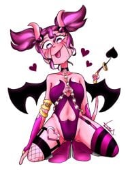 bat_wings blush bodysuit breasts cheek_markings choker cleavage clothed clothed_female clothing demon demon_girl devil_horns devil_tail digital_drawing_(artwork) digital_media_(artwork) dressed eyelashes fanart female female_only gloves gold_jewelry grin groin heart-shaped_pupils hearts_around_head hearts_in_eyes horns humanoid jewelry kneeling legs_apart legs_open legwear looking_at_viewer magenta_clothing magenta_eyes magenta_hair medium_breasts not_ai_generated open_legs pink_eyes pink_hair pink_skin playful playful_smile pose posing shaded showing_off smile solo spinel_(steven_universe) spread_legs steven_universe stockings succubus succubus_costume succubus_horns succubus_tail succubus_wings suggestive suggestive_look suggestive_pose suggestive_smile tail thick_hips thick_thighs thighs tongue_out twintails white_background wide_hips wings