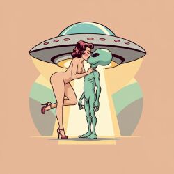 1950s ai_generated alien interspecies kissing pinup_girl size_difference ufo