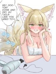 1girls after_shower aged_up animal_ears arknights blonde_hair blush cleavage english_text fan female female_only hair_dryer head_on_hand kemonomimi kitsune_girl light-skinned_female light_skin looking_at_viewer naked_towel runyo_(yale12312) smile solo suzuran_(arknights) tail tails text towel towel_only