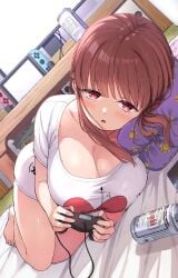 alcohol anatatachi_soredemo_sensei_desu_ka! barefoot bed_sheet beer_can blush book breasts brown_hair can cellphone collarbone commentary controller cosplay costume_switch drink_can female game_controller half-closed_eyes highres holding holding_controller holding_game_controller huge_breasts indoors ishizaka_ryuudai looking_at_viewer lying meka_(anatatachi_soredemo_sensei_desu_ka!) nintendo_switch on_floor on_side open_mouth paw_print phone pillow shirt short_hair_with_long_locks shortstack solo thighs white_shirt