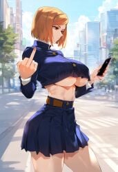 ai_generated arrogant big_ass big_breasts big_butt brat bratty cellphone fat_ass fat_butt huge_breasts ignoring jujutsu_kaisen kugisaki_nobara middle_finger midriff nobaralover on_phone phone sassy school school_uniform schoolgirl short_skirt skirt texting toned_female underboob