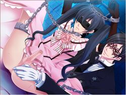 2boys blindfold bondage bound_wrists chain ciel_phantomhive collar crossdressing game_cg gloves handjob kuroshitsuji legs_held_open long_hair male male_only mask multiple_males red_eyes sebastian_michaelis short_hair spread_legs trap white_gloves yaoi