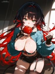 1girls ai_generated apple biting black_hair breasts breasts_out female female_only jacket jane_doe_(zenless_zone_zero) minokai multicolored_hair nipples red_hair short_shorts thighhighs zenless_zone_zero