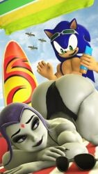 1boy 1girls ass_up beach bluewyvern crossover dc dc_comics eastern_and_western_character excited female head_down_ass_up male male/female raven_(dc) sonic_(series) sonic_the_hedgehog sonic_the_hedgehog_(series) sunscreen swimsuit teasing teen_titans