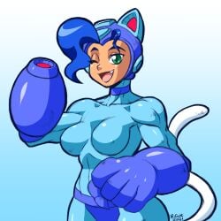 1girls arm_cannon armor blue_bodysuit blue_hair bodysuit capcom cat_ears cat_tail claws cosplay crossover crossover_cosplay darkstalkers felicia_(darkstalkers) female_only long_hair long_hair_female mega_felicia mega_man mega_man(classic) mega_man_(cosplay) mega_man_(series) one_eye_closed rongs1234 solo solo_female solo_focus tagme vampire_(game)